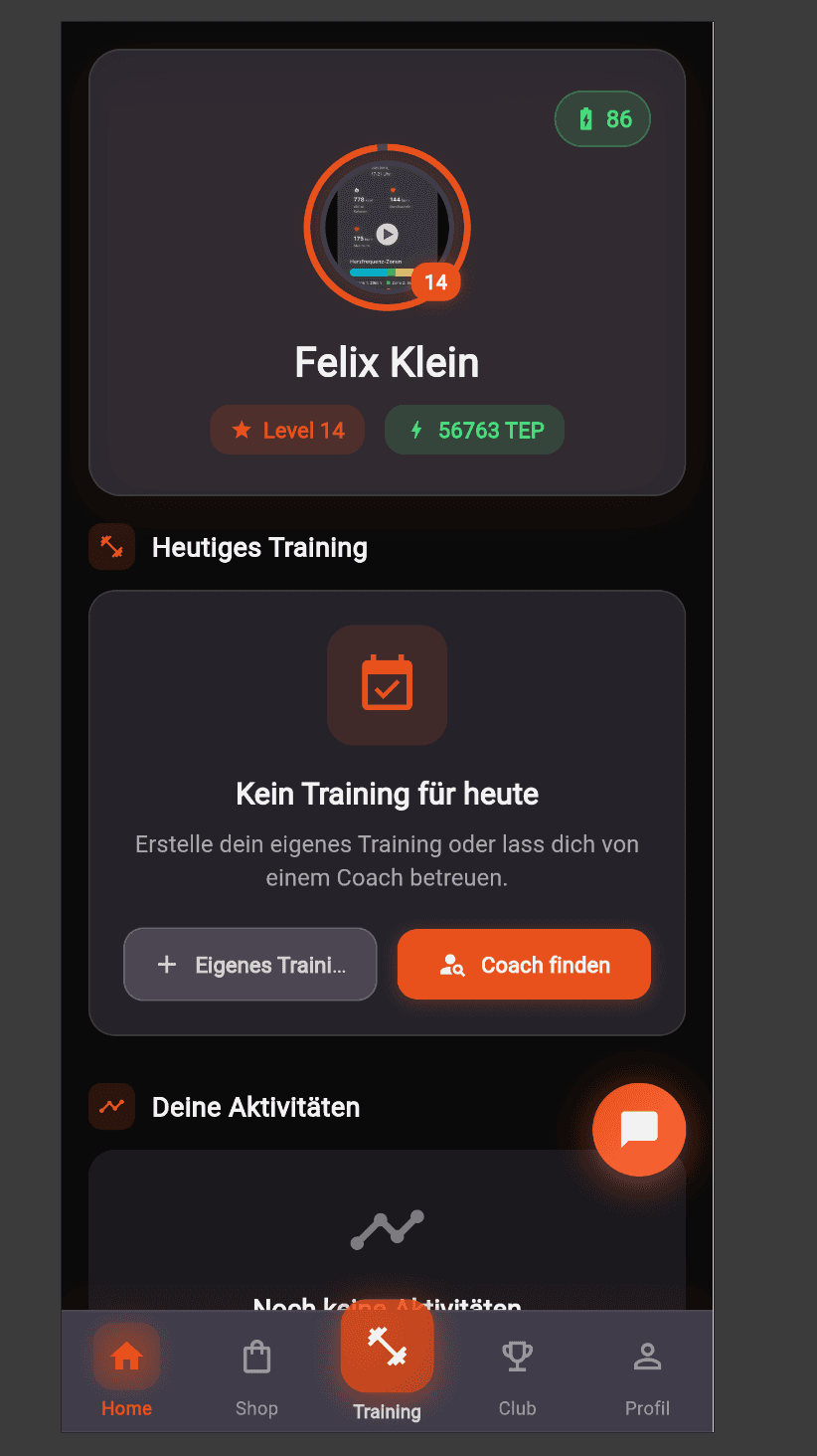 Home Screen - Profile, Level & Training Overview