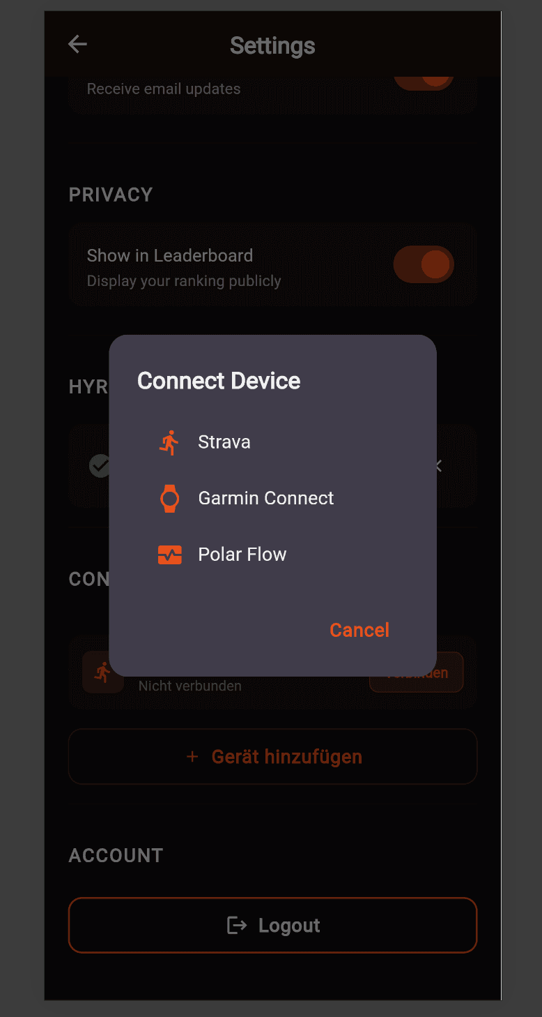 Settings - Connect Garmin, Strava, Polar